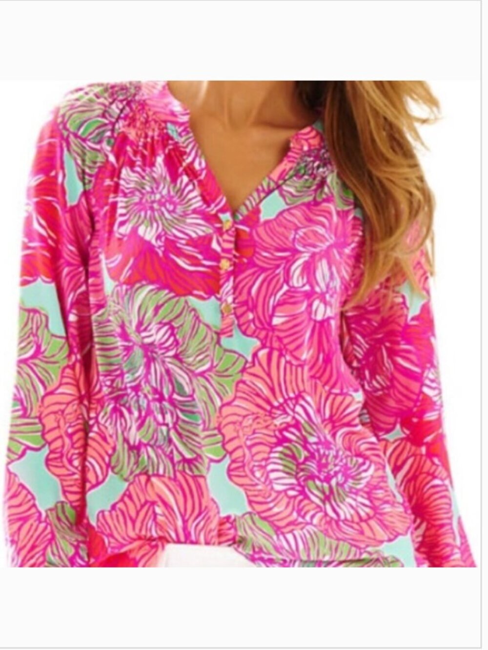 Lilly Pulitzer Elsa Top M Worth It Print 100% Silk Pink Floral Boho Preppy Beach